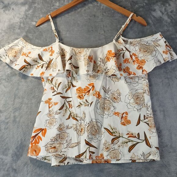 Shein Womens Floral Cold Shoulder Ruffle Top‎ S White Orange Summer Boho Casual - Picture 8 of 9